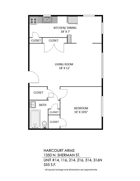 Floor plan for 1 bed, 1 bath, 635 sqft
